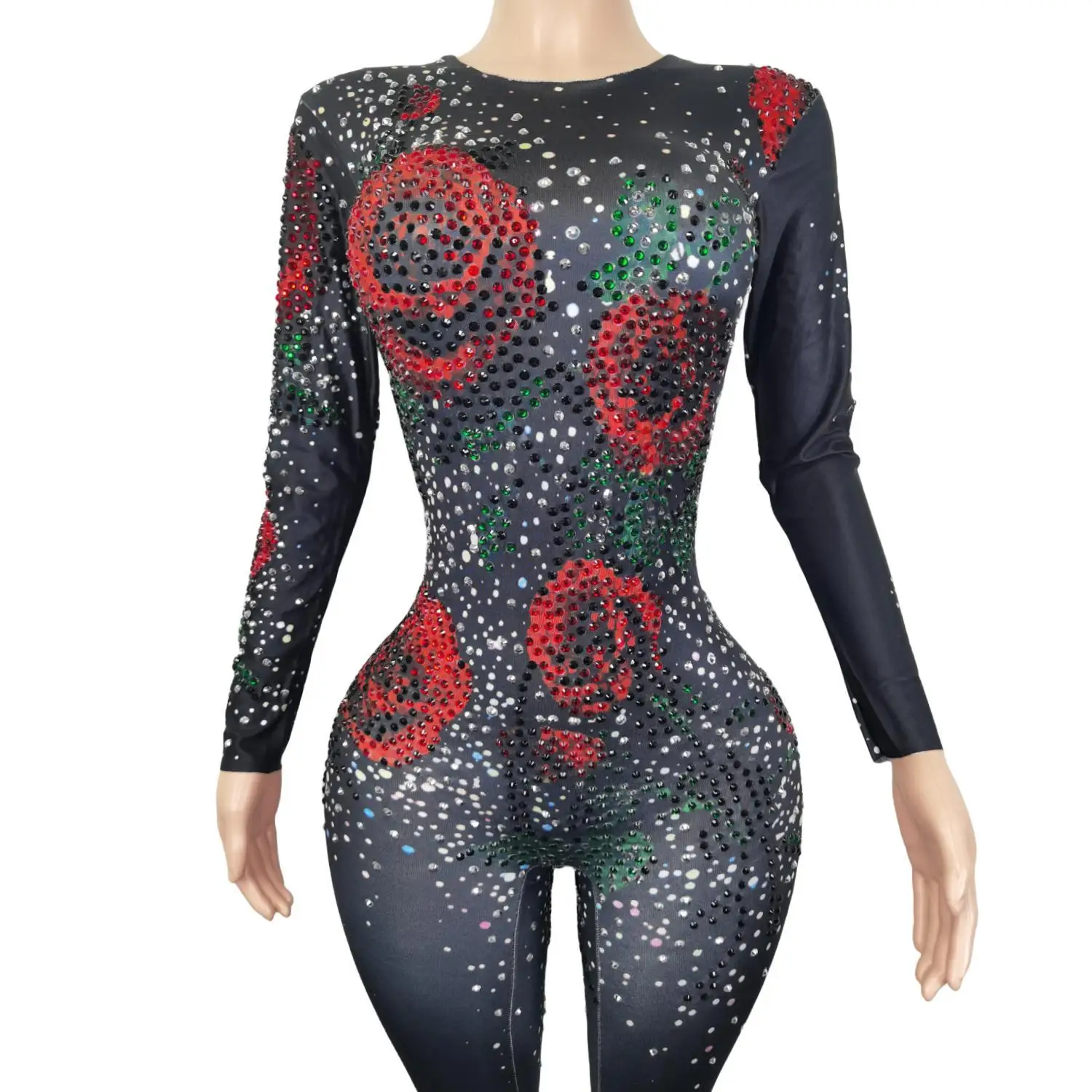 Fashion Women's Rose Pattern Rhinestone Skinny Jumpsuit Female Party Nightclub Costume Singer Stage Performance Clothes Meiguiku