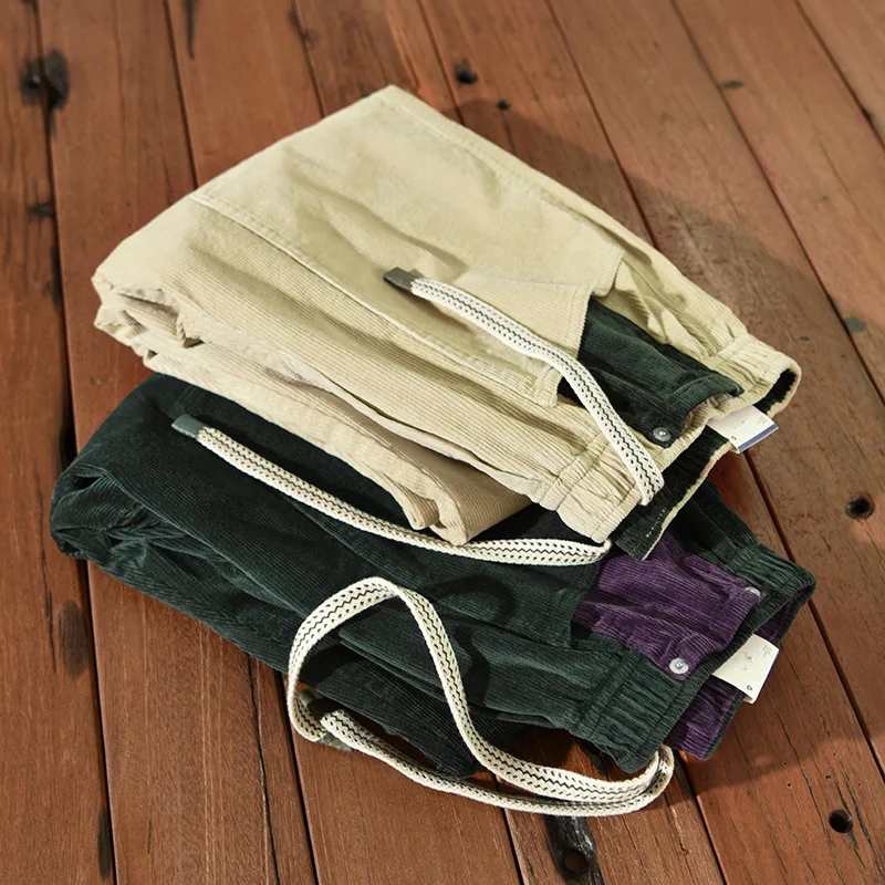 Autumn Winter Men Corduroy Straight Elastic Waist Loose Casual Patchwork Pants Pocket Joggers Trousers Sweatpants Streetwear