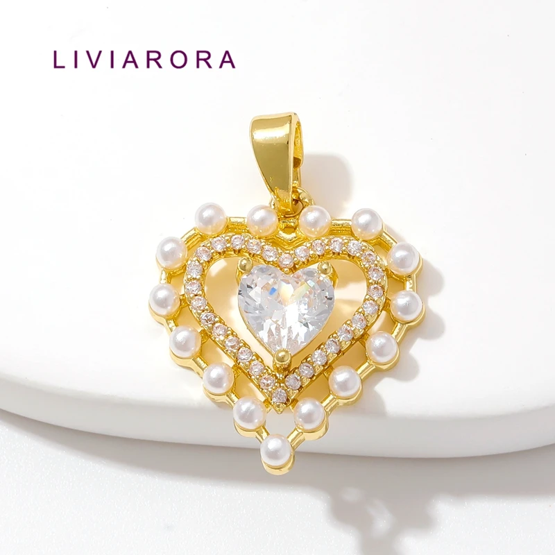 1/2/3Pcs 18K Gold Plated Hollow Heart Pendant Brass With Pearl Edge Zircon Heart Dangle Charms For DIY Necklace Making Supplies
