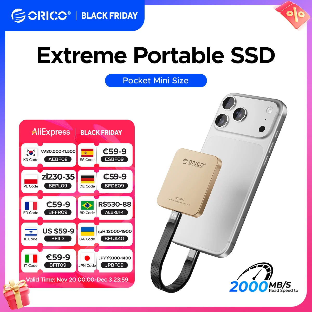 

ORICO K20Mini Magnetic External SSD for iPhone 17 16 Pro/Max ProRes 2000MB/s 4K ProRes HDR Record and Store Portable Solid State