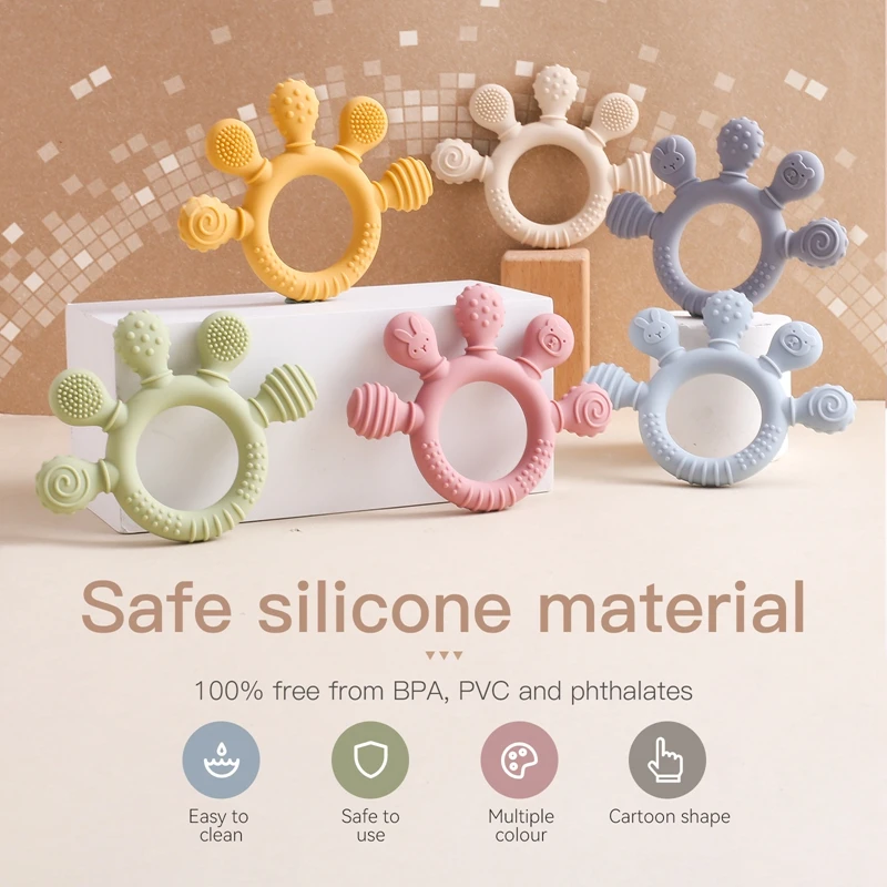 Silicone Teether BPA Free Hand Shape Teething Toy Baby Touch Sensory Teether Wooden Teether Ring Sensory Toy Gift For Newbaby