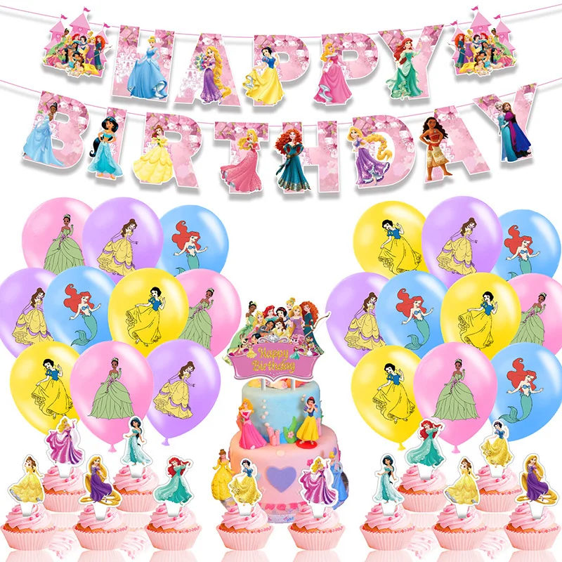 

Seven Princesses Jasmine Snow White Disposable Birthday Party Decor Baby Shower Cake Topper Banner Flag Latex Balloon