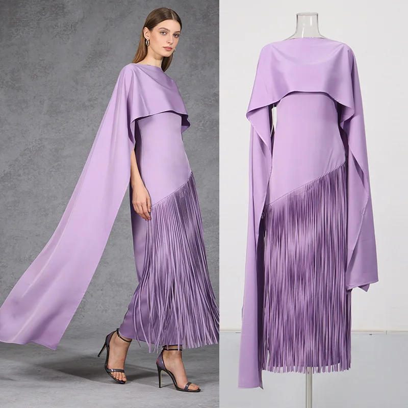

Lavender Cape Long Flutter Sleeve Diagonal Fringe Satin Bodycon Maxi Dress Women Formal Evening Cocktail Party Gown