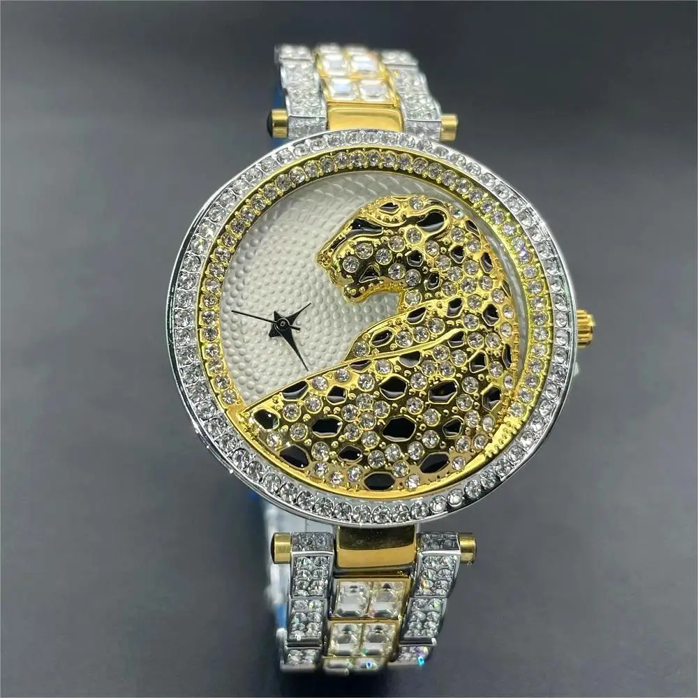 Fashion Luxury MISSFOX Watch Women Unique Leopard Inlaid Brick Steel Strip Quartz Dress Iced Diamonds Wristwatch Lady Hot Sale