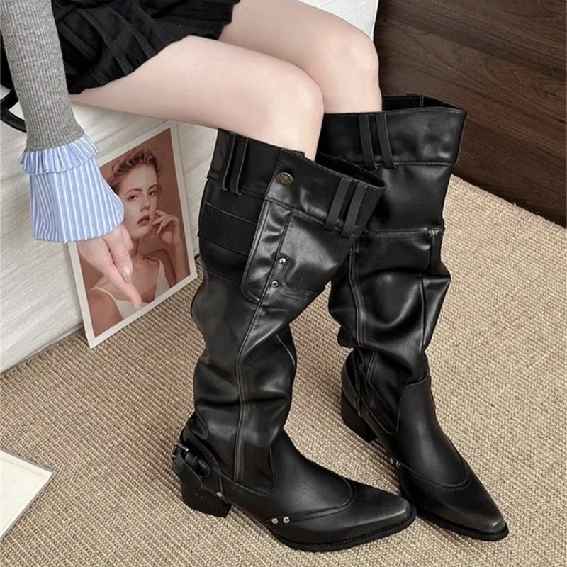 

Women's Western Style Cowboy Boots 2026 Pointed Toe Slip-On Chunky Heel Casual High Shaft Pocket Design Leather Boots For Ladies