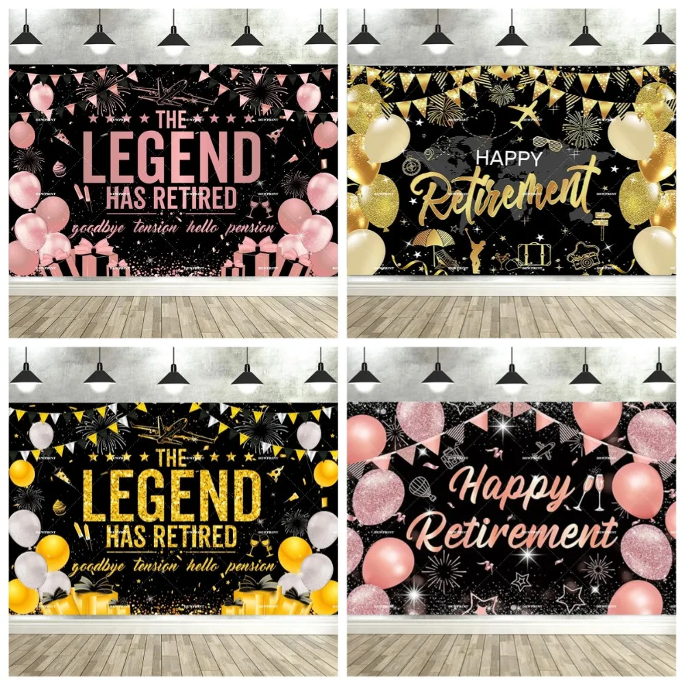 

Retired Happy Pink Black Gold Theme Banner Background, Male and Female Retirement Party Decoration Banner Photography Background