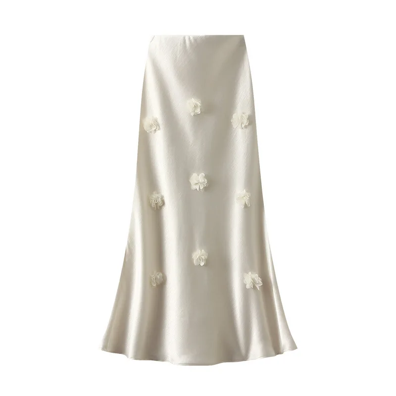 New 2025 Women 3D Floral Satin Long Skirts Female Fashion Elegant High Waist A-line Skirt