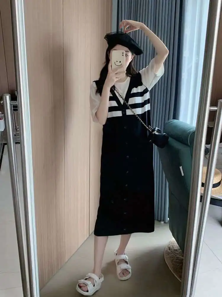 夏ルーズストライプ Tシャツロングドレス通勤スタイルルーズウエストレギュラースリーブポリエステル繊維ボディコンミッドレングスラウンドネック