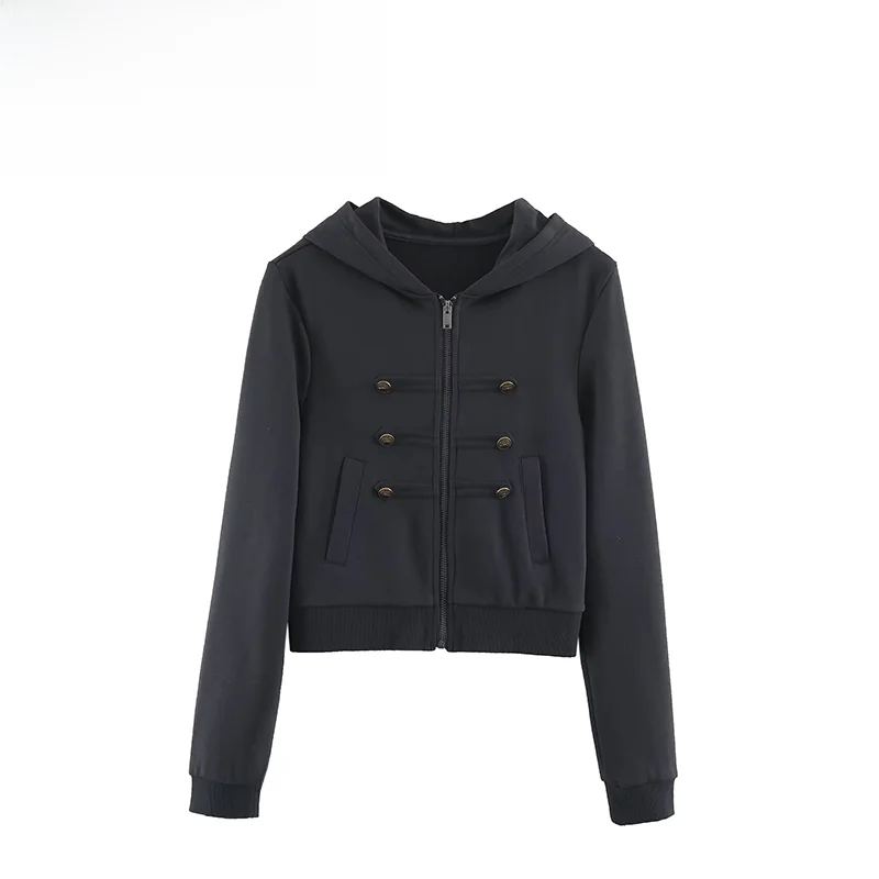 Fashionable Retro Double Row Gold Button Hooded Jacket ZR Autumn New Arrival Women's All-Match Outerwear Polyester Fabric