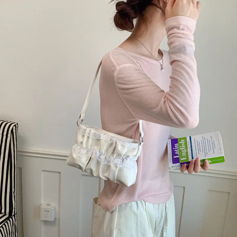 New Fashion Women Shoulder Bag High Quality PU Lace Girly Ruffled Cloud Underarm Bag Versatile Macaron Color Tote Handbag