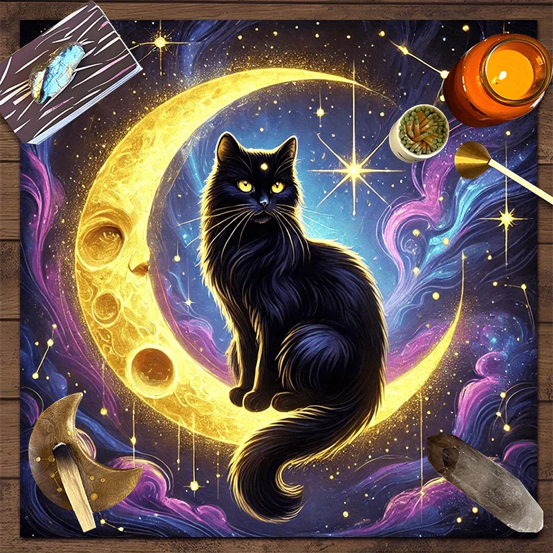 1pc Celestial Mystic Cat Tarot Tablecloth - Enchanted Moon & Starry Night Design with Black Cat, Premium Polyester 19x19 & 73.66