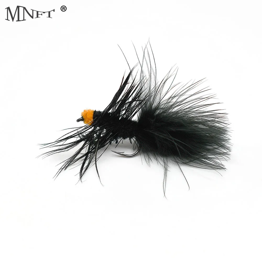 MNFT 6PCS 6# Fly Fishing Insect Bait Orange Egg Sucking Leech Wooly Streamer Fly Artificia Nymph Black Marabou Sharpend Hook