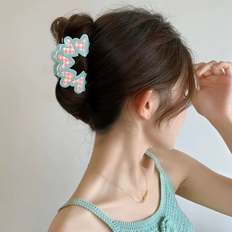 

1pc Fresh Blue Pink Plaid Bow Claw Clip, Sweet Floral Print Back-of-Head Shark Clip for Half-Up Hairstyles Half-Tie Clip.