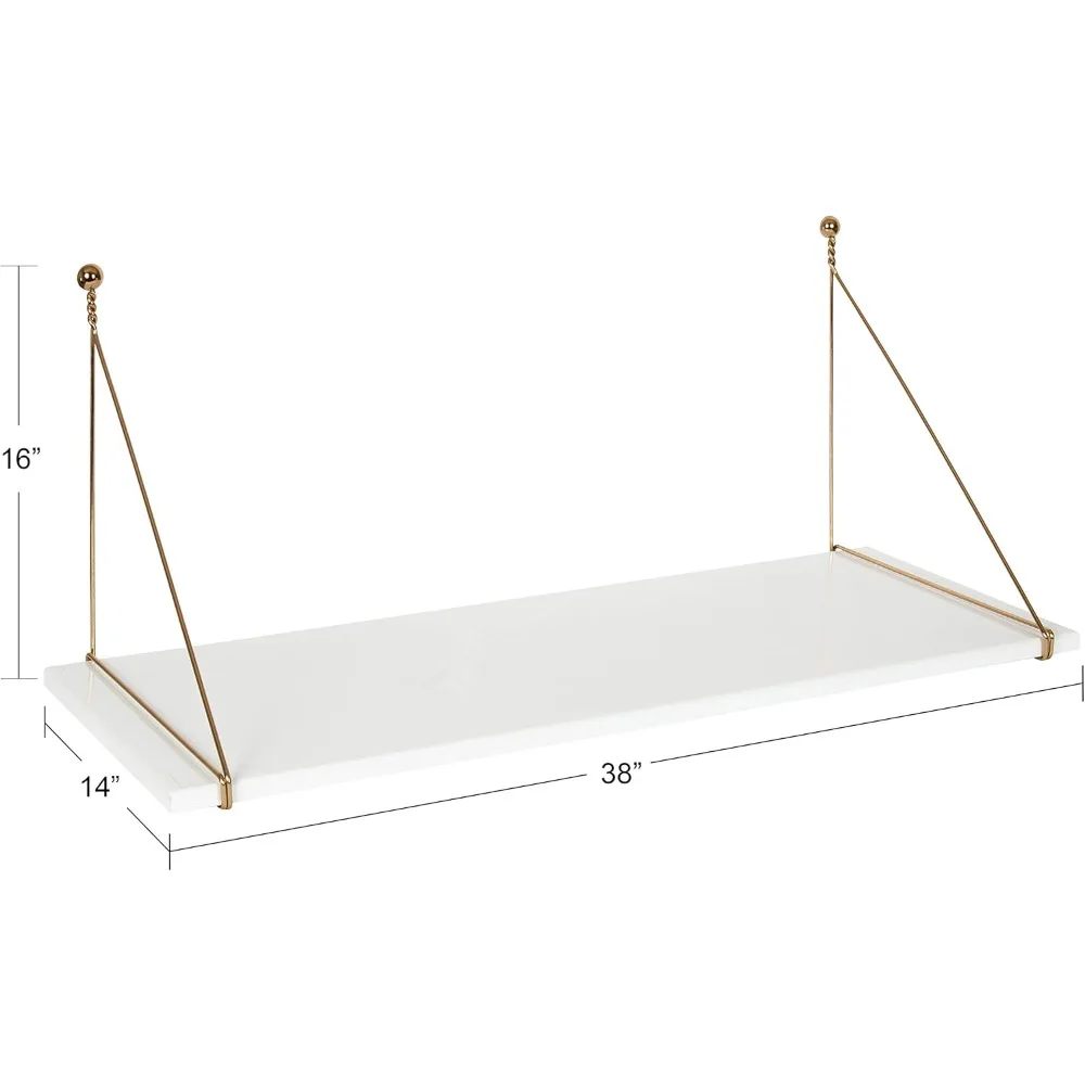Vista Modern Wall Mounted Desk, 38 x 14 x 16, White and Gold, Glam Hanging Desk for Office and School