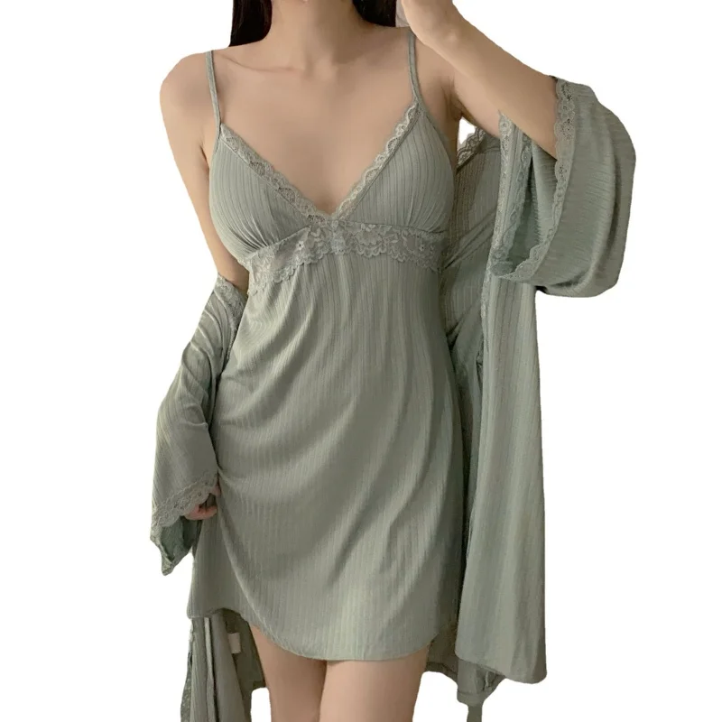 Summer Thin Modal Pajamas Two piece set of Sling Dress and Robe Brief Solid Color Nightgown Sexy V-neck Home Clothing for Women