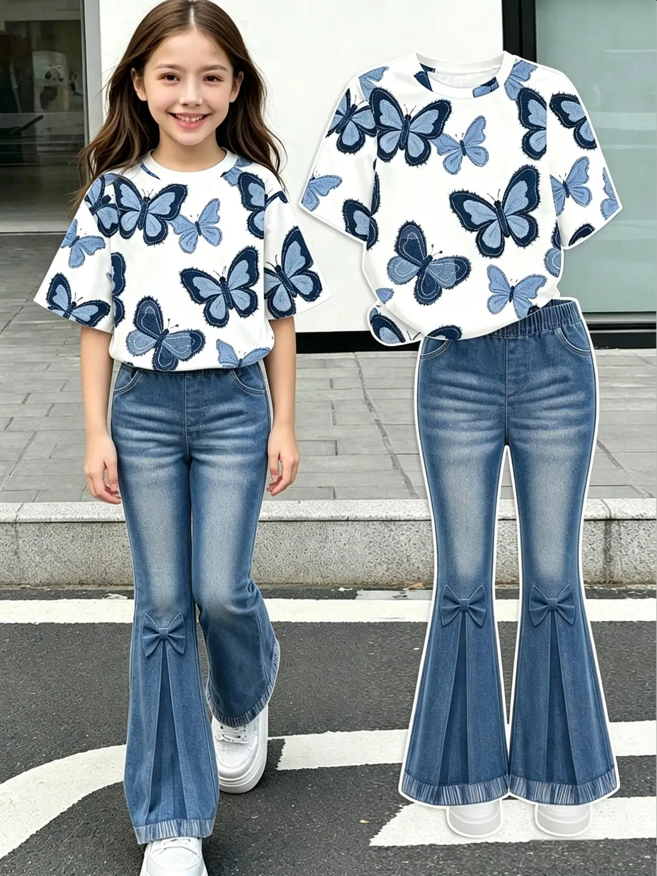 Girls' Casual Outfit: Blue Butterfly Print Short-Sleeve T-Shirt + Bow Print Flared Faux Denim Pants Two-Piece Set, Suitable for Children over 3 Years Old, Versatile Clothing for Home and Outings