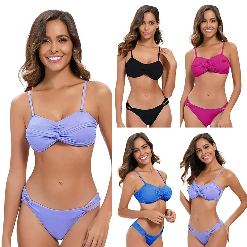 

Women's Solid Color Two-Piece Bikini Set Sexy Triangle Top High-Cut Bottoms Low Waist Swimwear for Beachwear Vacations