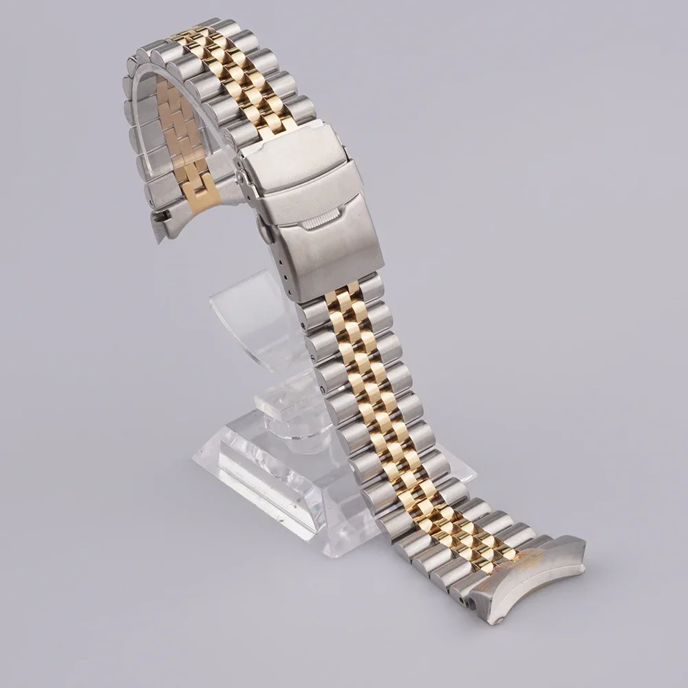 Rolamy 22mm Middle Gold Solid Curved End Stainless Steel Silver Jubilee Watch Band Strap Luxury Bracelets For Seiko SKX007 009