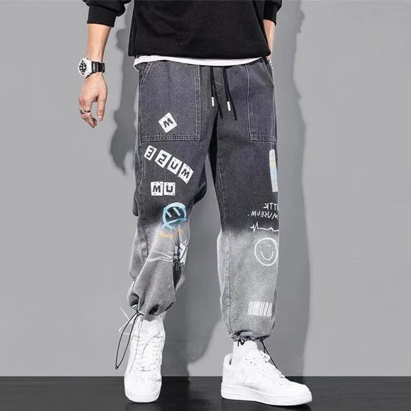 Spring Autumn Men Fashion Print Jeans Cartoon Graffiti Drawstring Trousers Hip Hop Streetwear Elastic Waist Male Denim Pants