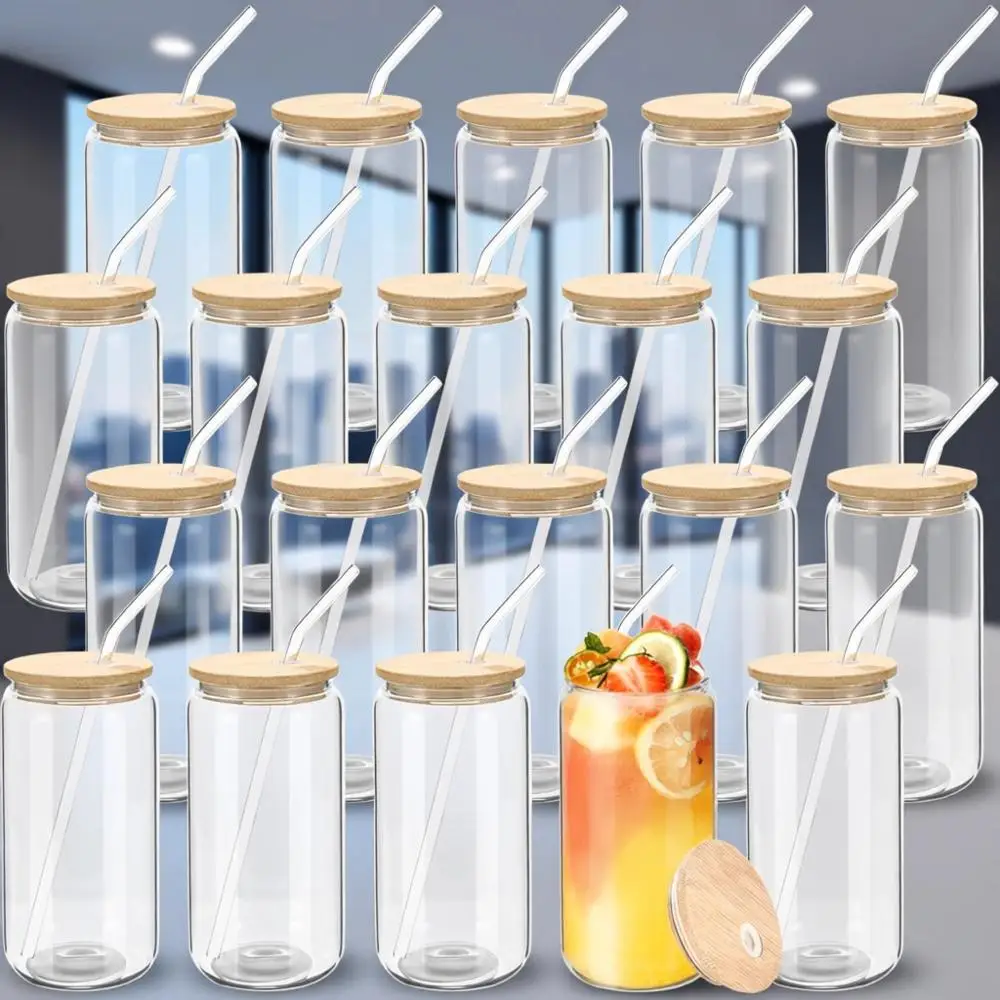 

Набор из 20 стеклянных стаканов объемом 16 унций с бамбуковыми крышками — идеально подходят для холодного кофе, чая, виски и коктейлей