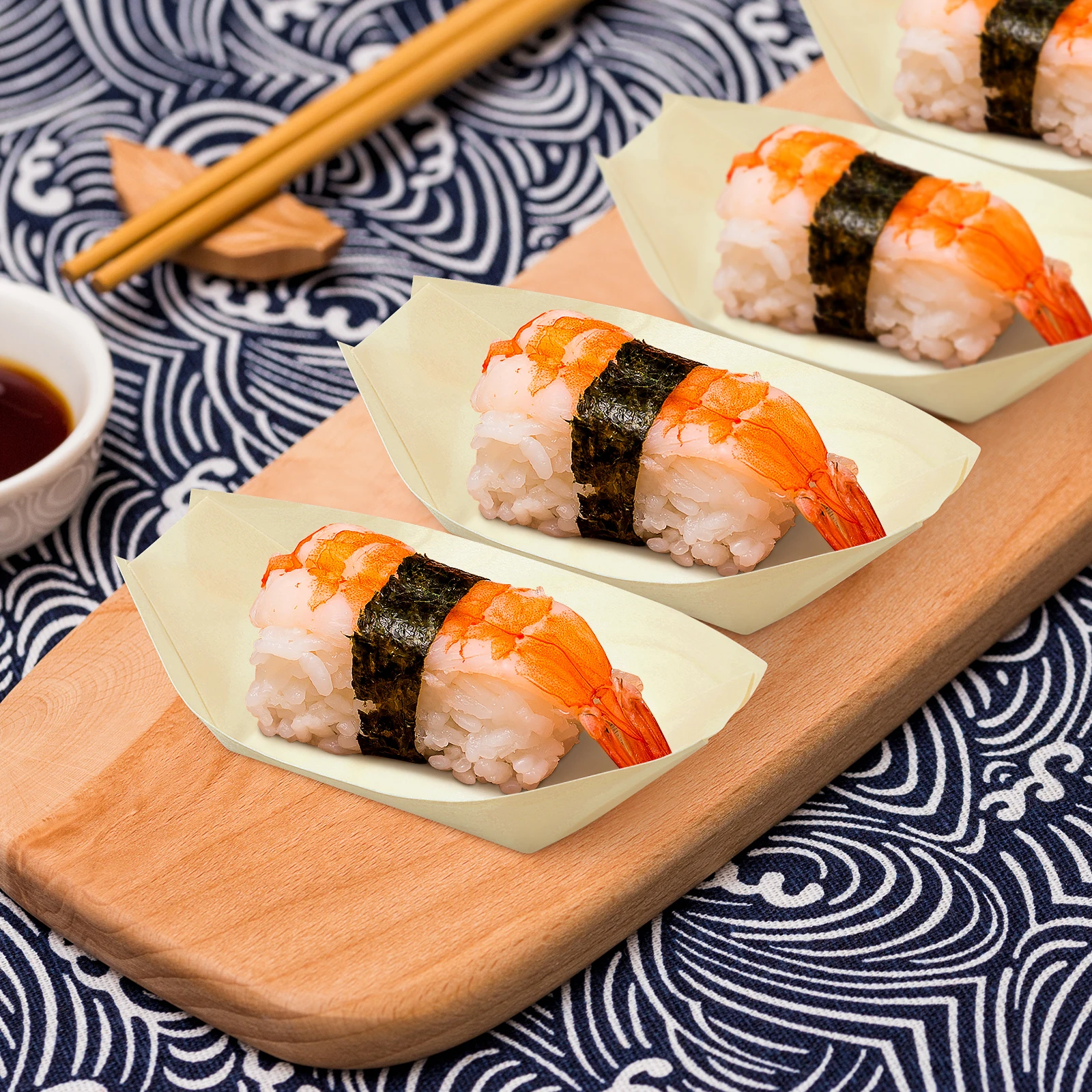

100 Pcs Sushi Boat Wood Containers Disposable Bamboo Plates Tapas Bowls Food Presentation Charcuterie Cones Salad Sake Snack