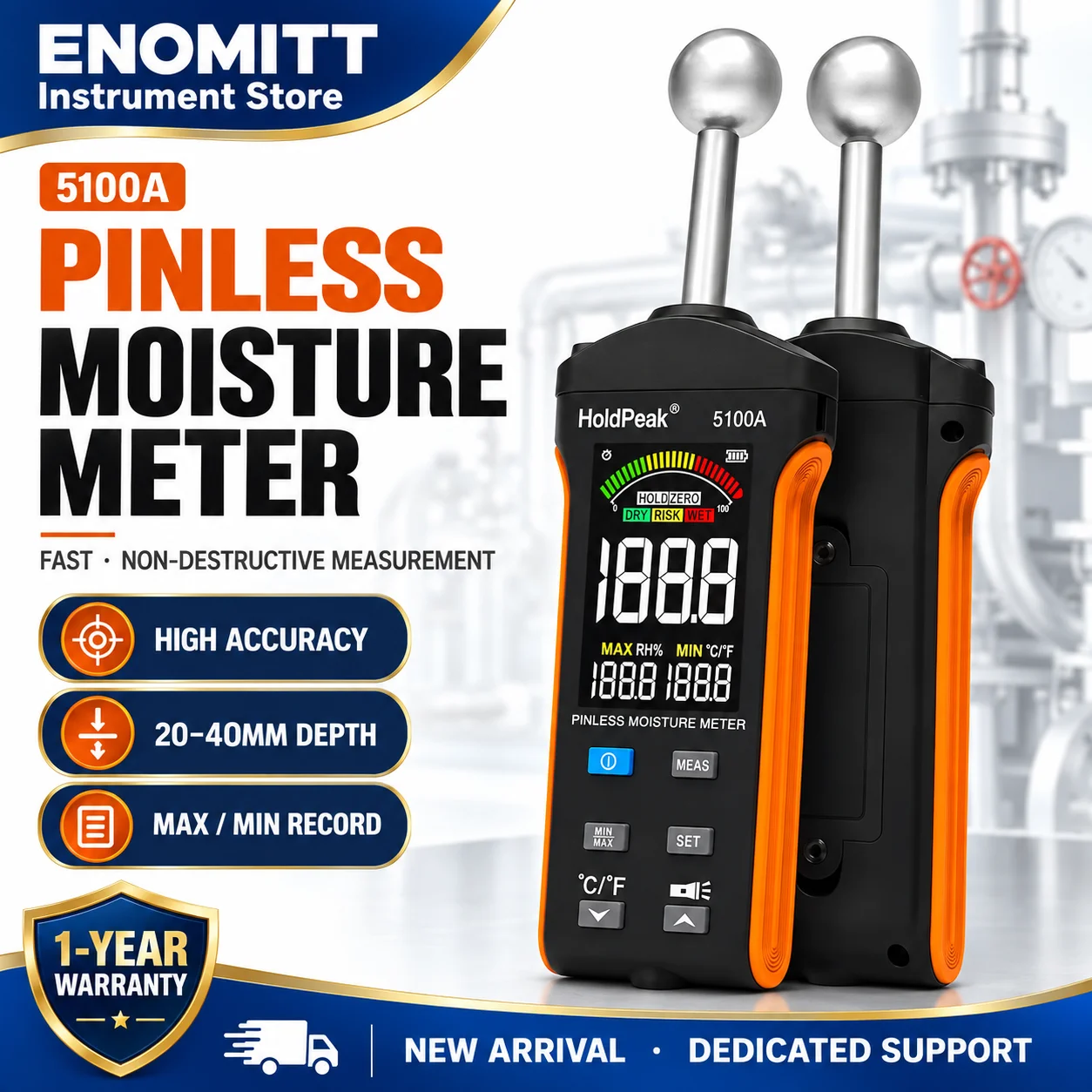 Non-Destructive Moisture Meter for Wood and Walls, 20-40mm Measuring Depth Damp Tester with Moisture Alarm for Building Material