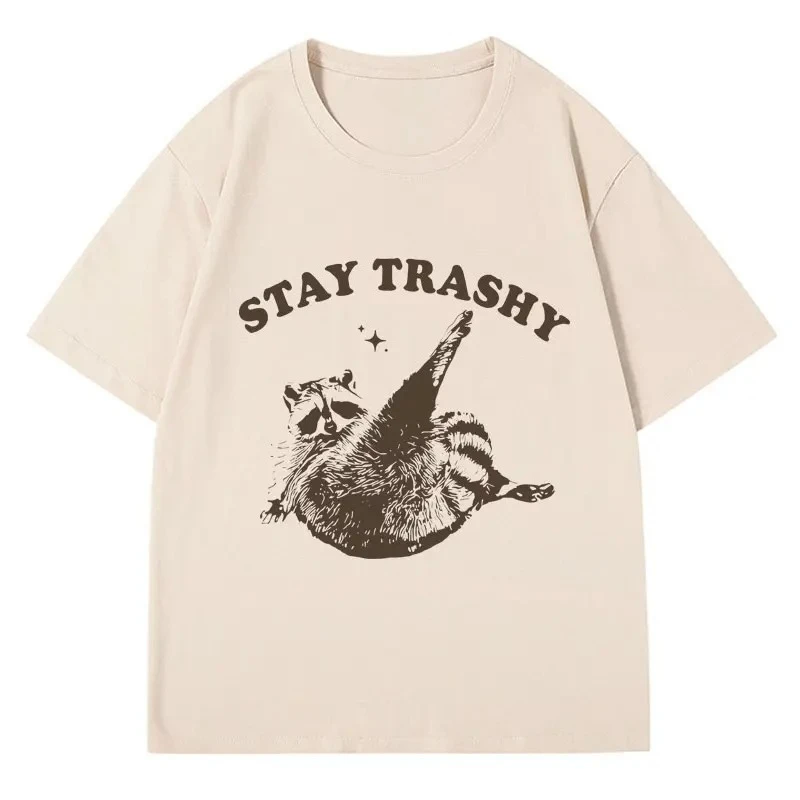 Vintage 9Os Funny Racoon T Shirt Y2k Clothes Boho Aesthetic Cute Stay Trashy T-shirt Funny Meme Short Sleeve Women Clothing Y2K