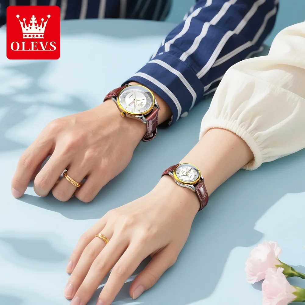 OLEVS 3649 ساعة الزوجين الأصلية الكوارتز AutoDate عرض أسبوعي حزام من الجلد مضيئة مقاوم للماء للرجال النساء الفاخرة Wistwatch