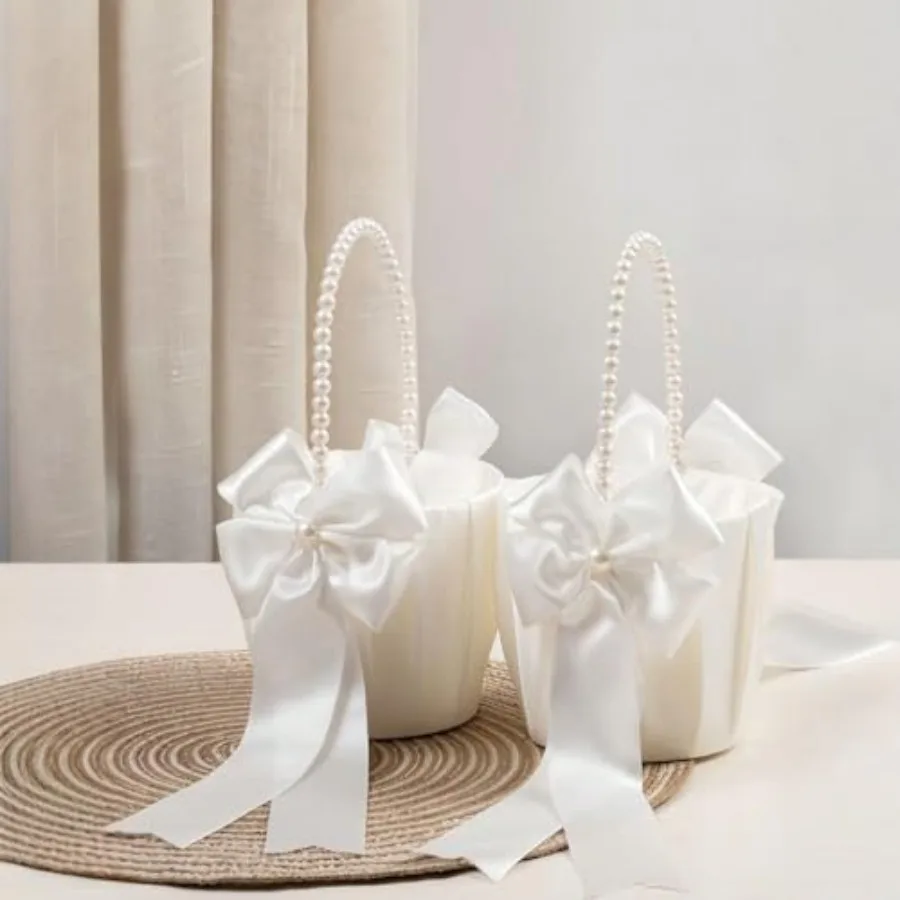 

2PCS Wedding Flower Girl Basket with Cute Pearl Handle Bowknot Satin Flower Baskets for Wedding Ceremony and Party Supplies