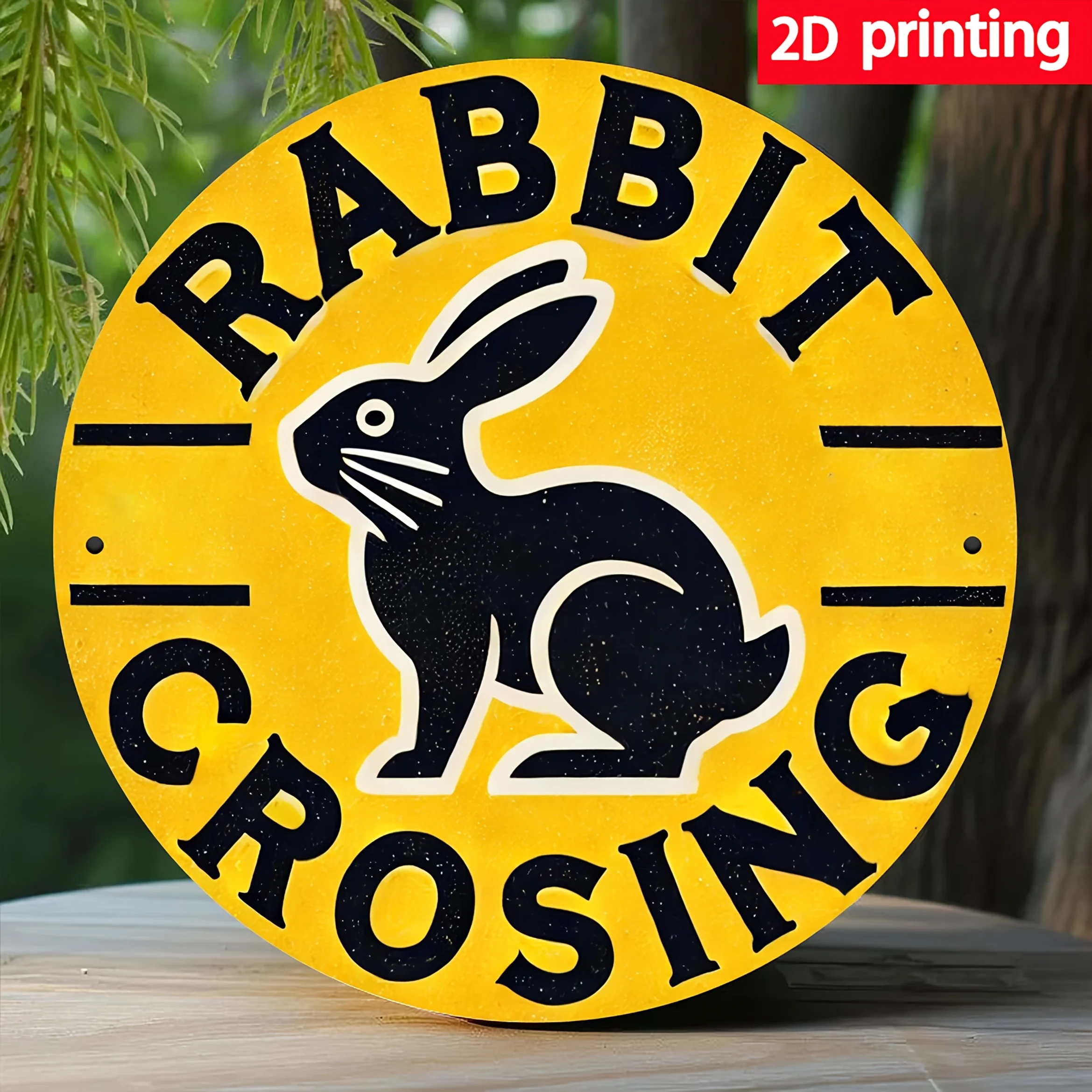 2D Flat, 1pc Vintage Rabbit Crossing Metal Sign  Round Iron Wall Art with Black & White Rabbit, Yellow Background