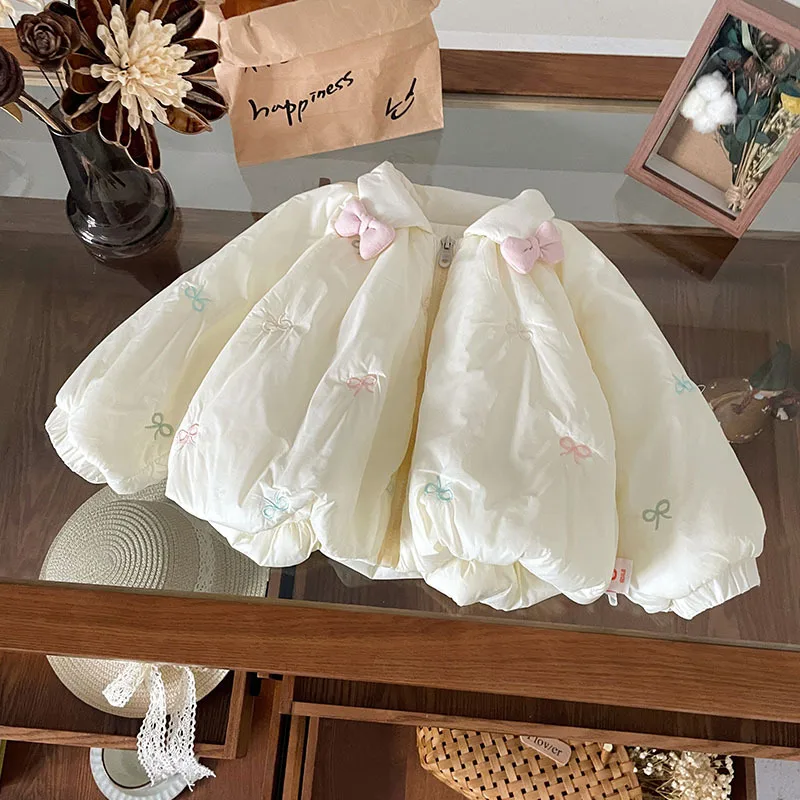 

2025 Winter Children 2-6Y Girls Jacket Thick Warm Kids Baby Girls Coat Korean Bubble Butterfly Bow Toddler Girls Outerwear Coat
