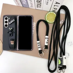Cute Coffee Bear Wrist Band Bracket Leather Phone Case For Samsung Galaxy ZFold 7 6 5 4 3 2 With Crossbody Long Hand Strap Cover