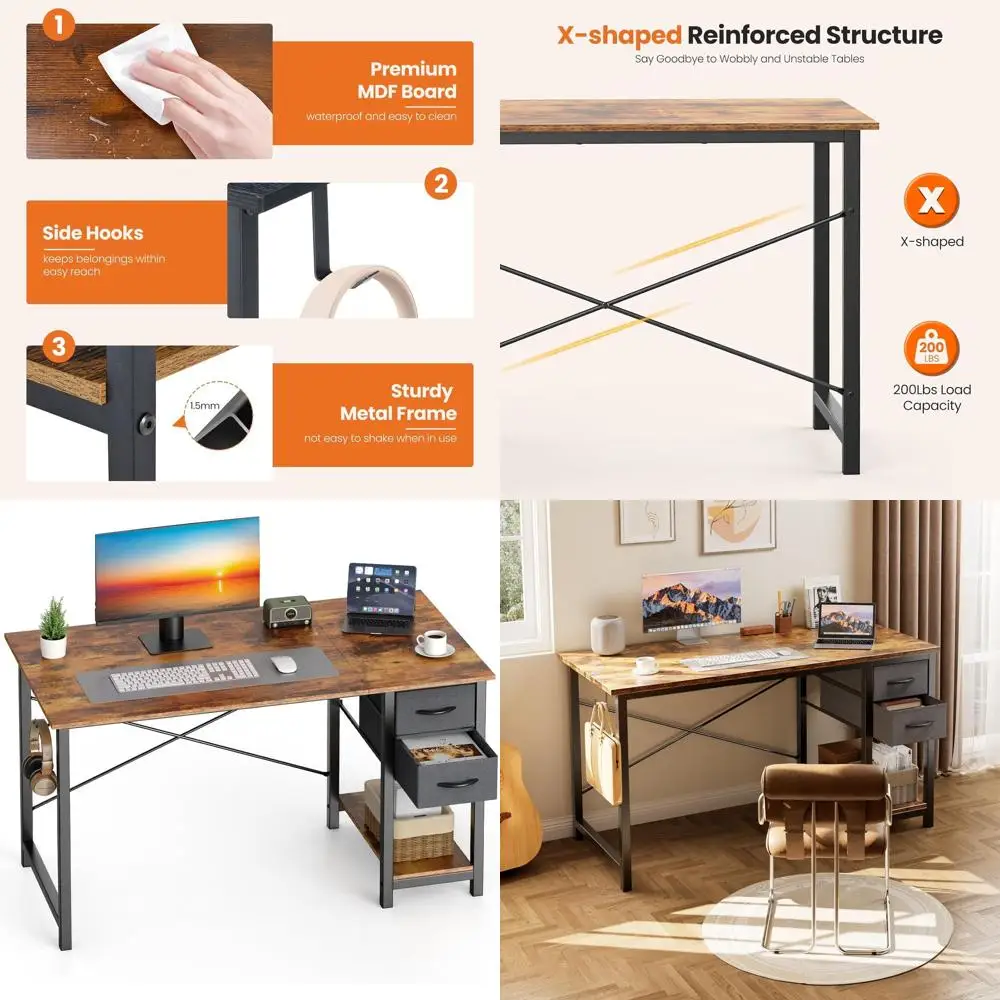 

40 X-Leg Wood Desk for Home Office, Adjustable Desk with Side Hooks, Study Table in Rustic Style