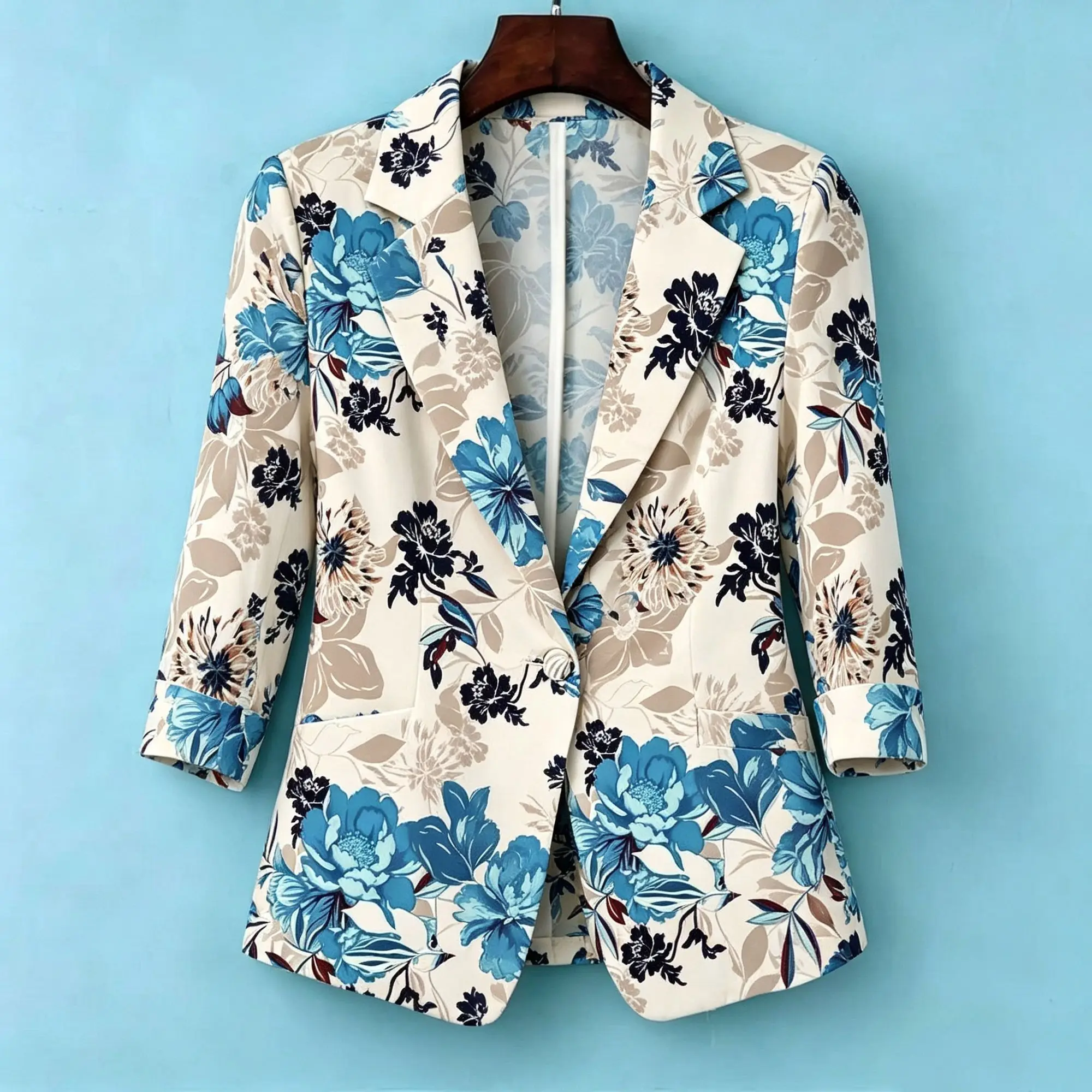 Women Thin Floral Blazer Jacket, Notched Lapel Single Button Vintage Botanical Flower 3/4 Sleeve Casual Office Outerwear Coat