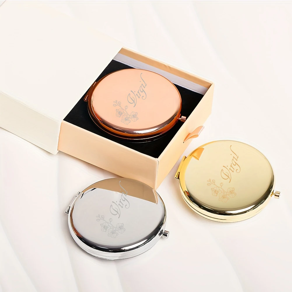 1pc Creative Phalaenopsis Orchid Customized Text Pocket Mirror Makeup Mirror Round Circle Mirror Christening Souvenir