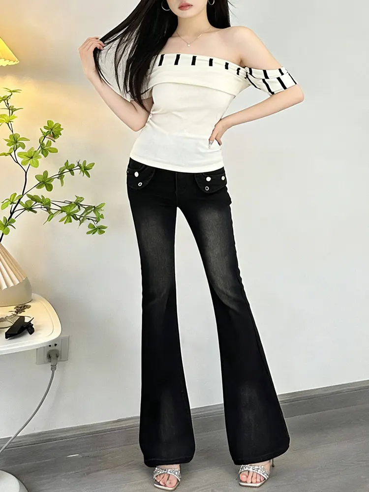 กางเกงยีนส์ทรงขาบานสีดำสำหรับผู้หญิง ฤดูใบไม้ร่วงและฤดูหนาว ปี 2025 ผ้าฟลีซหนา เอวสูง ดีไซน์หัวเข็มขัด