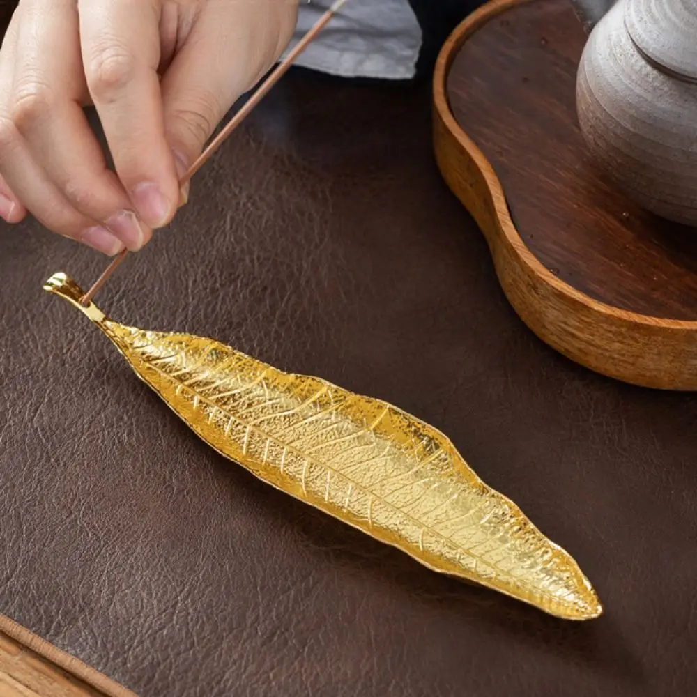 Portable Handmade Leaf Incense Tray Antique Leaf Design Incense Holder Zinc Alloy Vertical Incense Rack Tea Ceremony