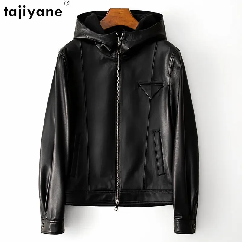 Tajiyane-jaqueta de couro feminino, casaco de pele de carneiro 100% real, streetwear preto com capuz, casual feminino, 2023