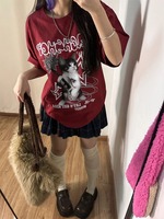 HOUZHOU Kawaii Cat Printed Red T-shirts Women Harajuku Oversized Punk Style Tops Cute Graphic Short Sleeve Tees Cotton Casual