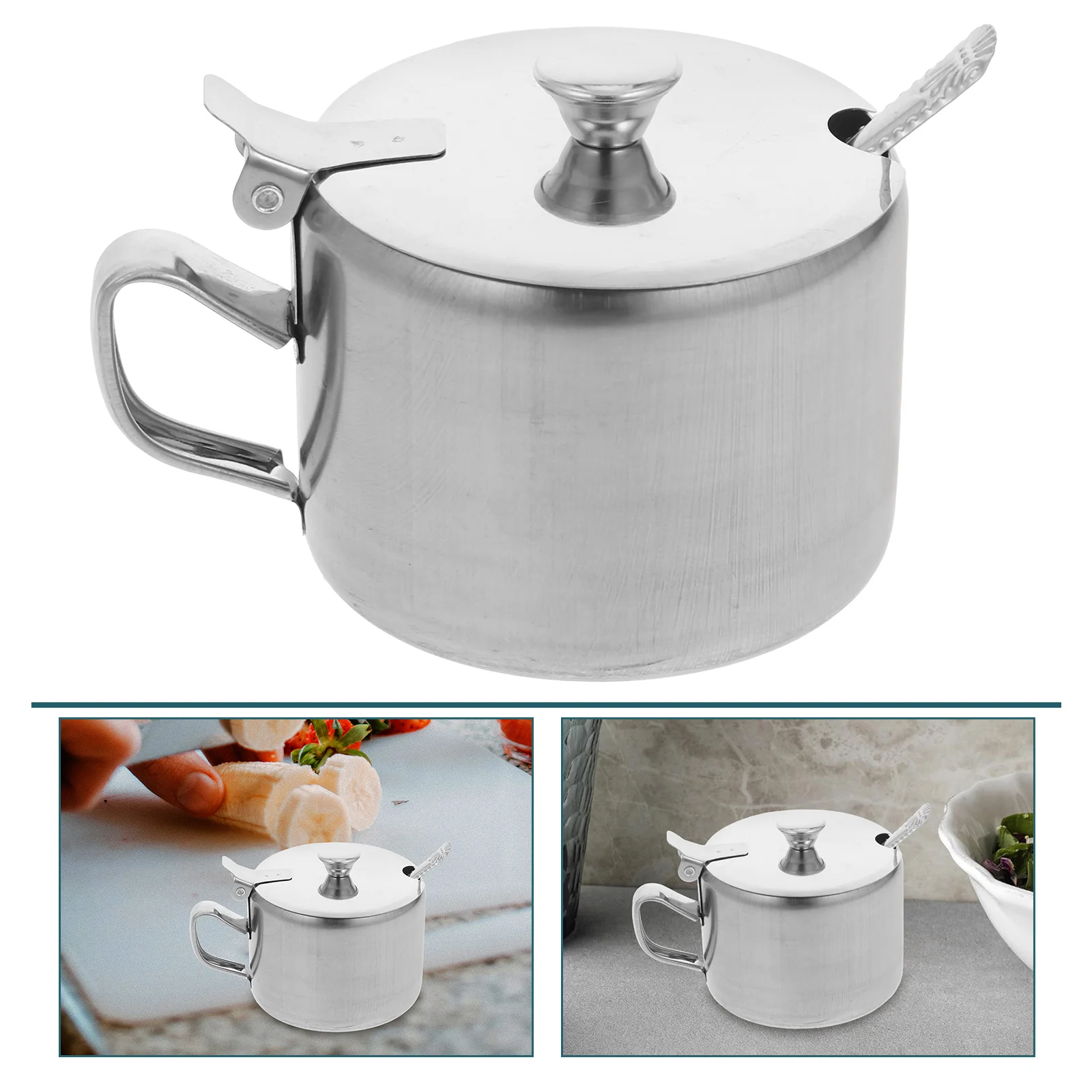 

Stainless Steel Sugar Bowl Spice Jar Round Kitchen Container Lid Spoon Handle Seasoning Storage Space Saving