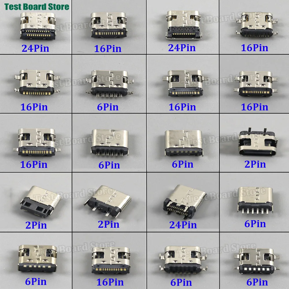 10pcs Type-C USB Connector 2/6/16/24 Pin Female Charging Port Jack PCB SMD SMT DIY USB-C Socket Solder DIY Repair Adapter