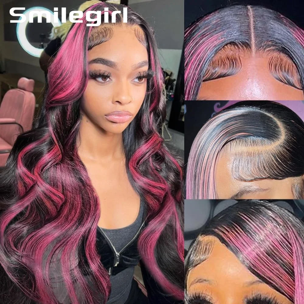 

250 Density Pink Highlight Colored Lace Front Human Hair Wig Body Wave Pre Plucked Brazilian 13x4 HD Lace Frontal Wigs For Women
