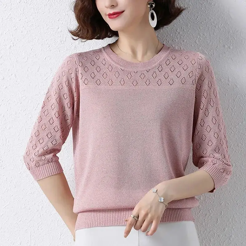 Women\'s Fashion Hollow Solid Elegant Thin Basic Knitwear 2024 Spring Summer Simple Casual O Neck 3/4 Sleeve Loose Pullover Tops