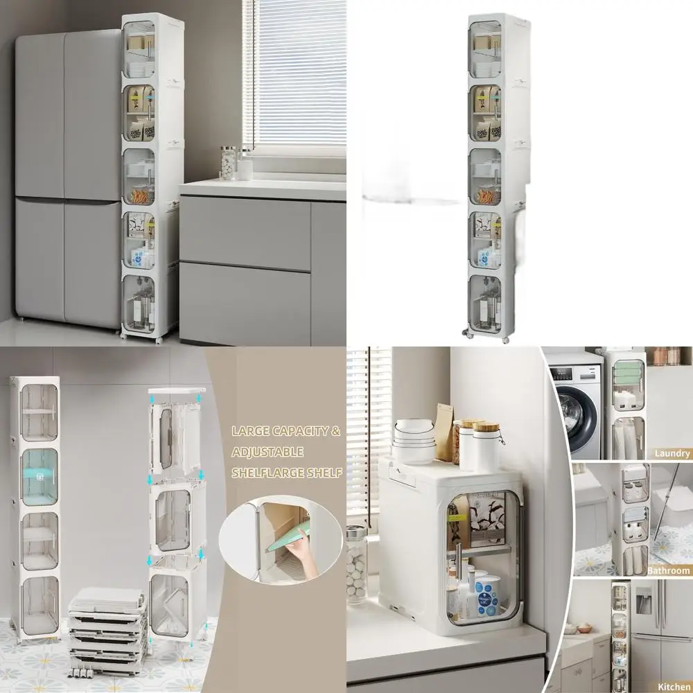 

5-ярусный узкий шкаф для хранения с регулируемыми полками и колесиками для небольших помещений - белый