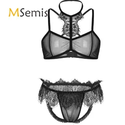 2 sztuk mężczyzna Sissy przepuszczalność przezroczysta siateczka koronki wykończenia komplet bielizny Halter Neck Top biustonosz z otwartym Butt Jockstrap figi bielizna