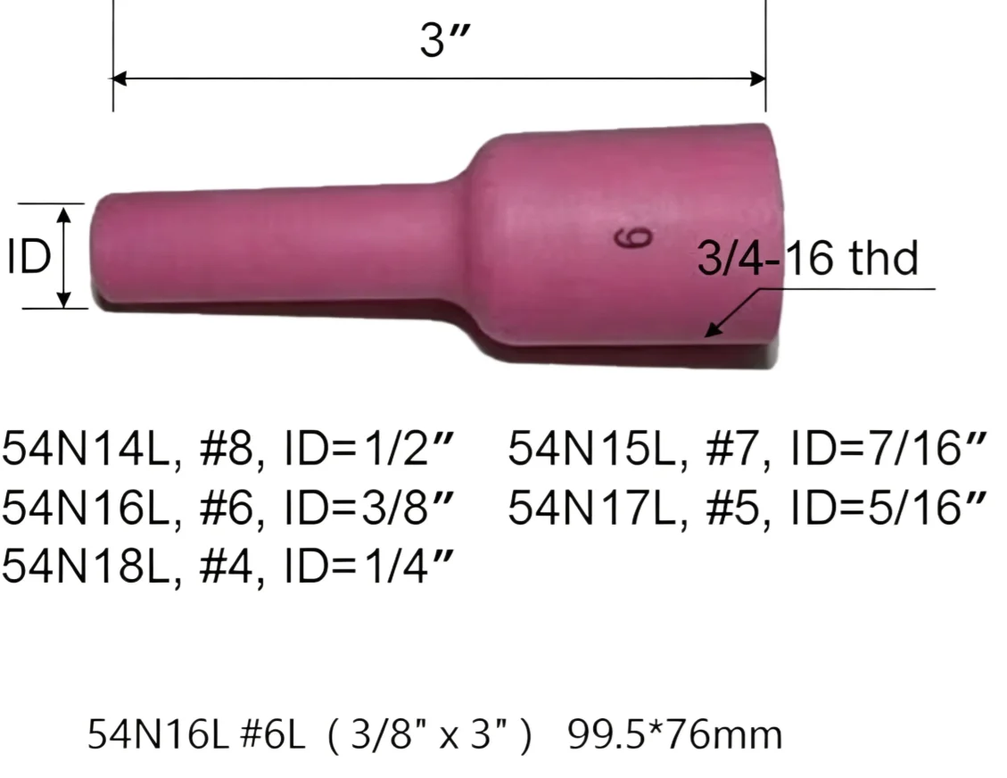 RIVERWELD TIG Gas Lens Alumina Nozzle Ceramic Cups Long Large Diameter 54N16L #6L 3/8\