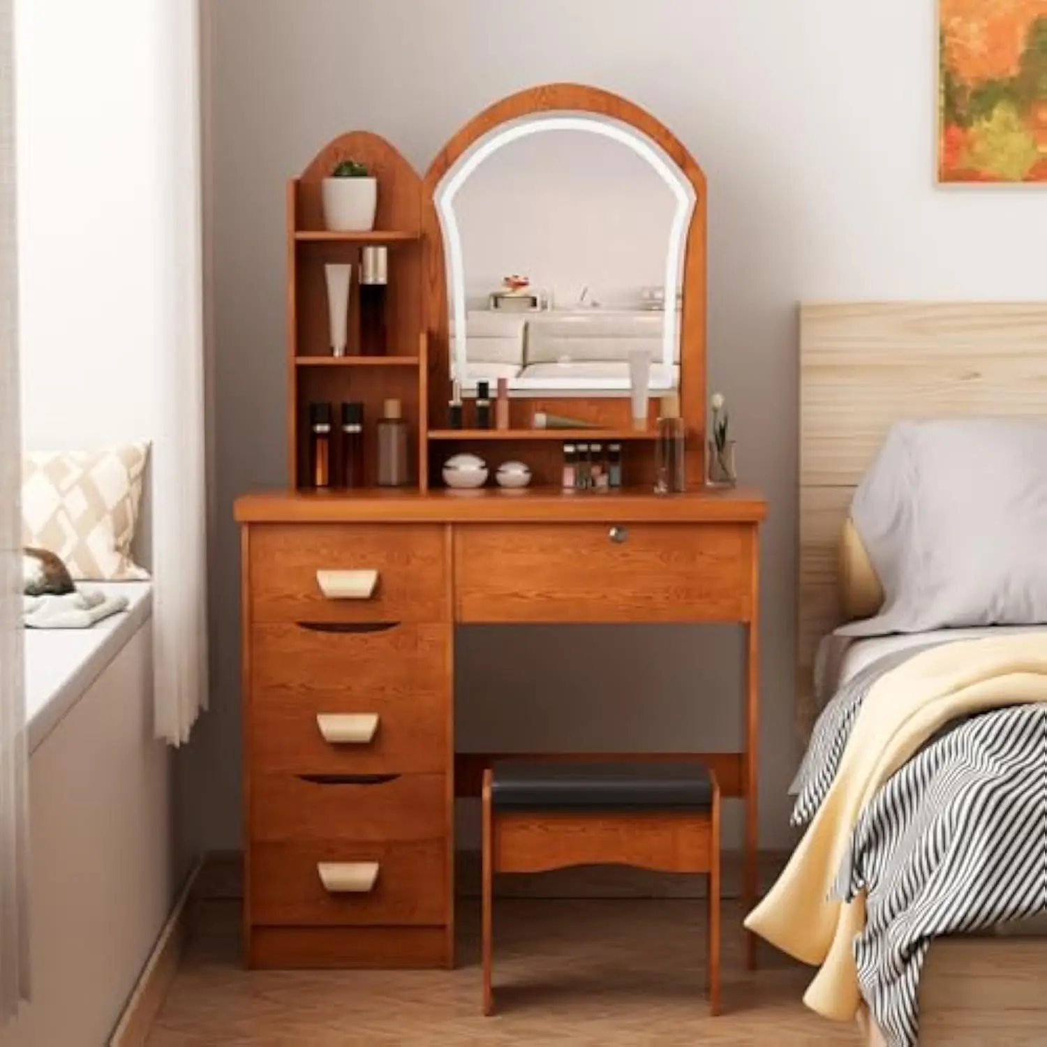 

Makeup Vanity Desk with Mirror and LED Lights,Makeup Dressing Table Set with 4 Drawers and Opening Shelves Chair and Power Outl
