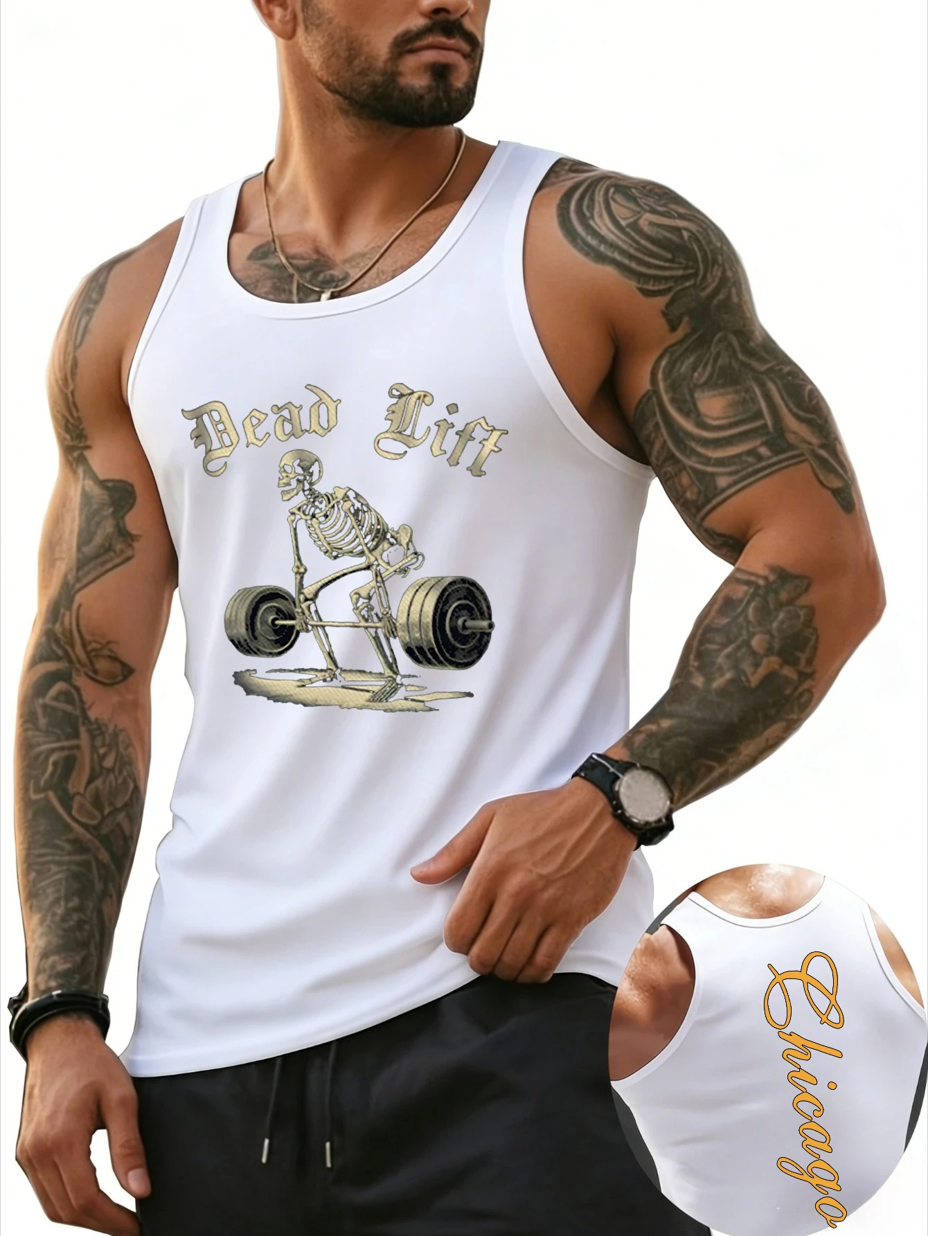 

Double-sided printed fitness vest - Skull deadlift + Chicago bold letter sleeveless vest