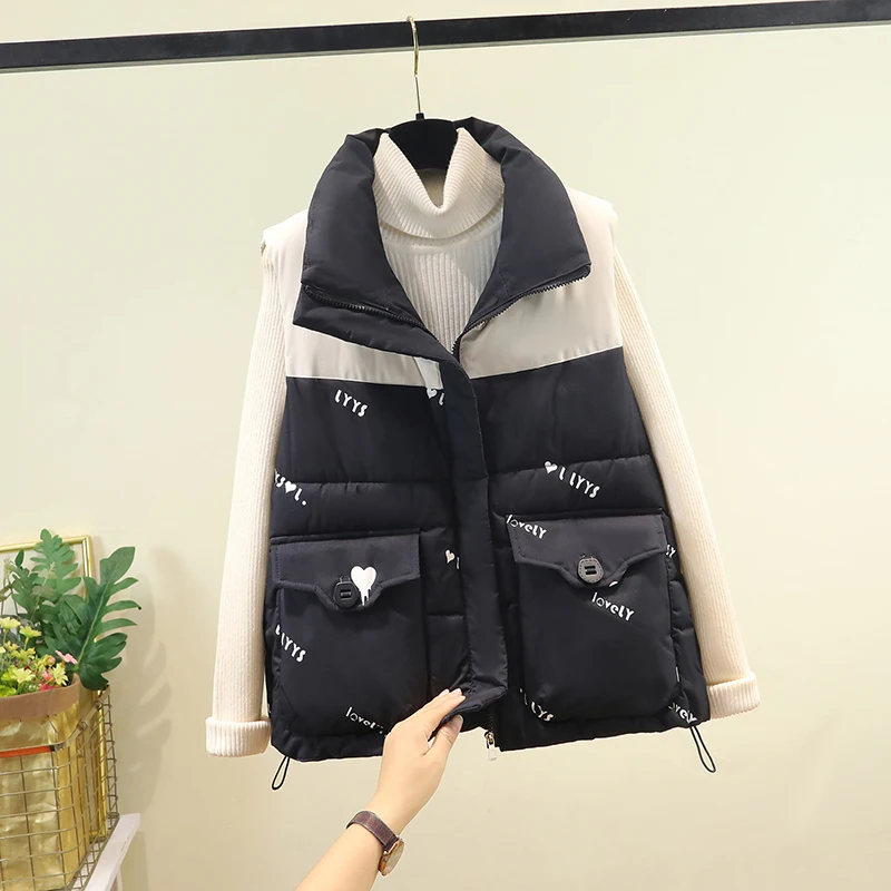 

Faionable Casual Women's down Cotton Vest 2025 Autumn Winter Thiened Zipper ort Sle Pure Color Commute Polyester
