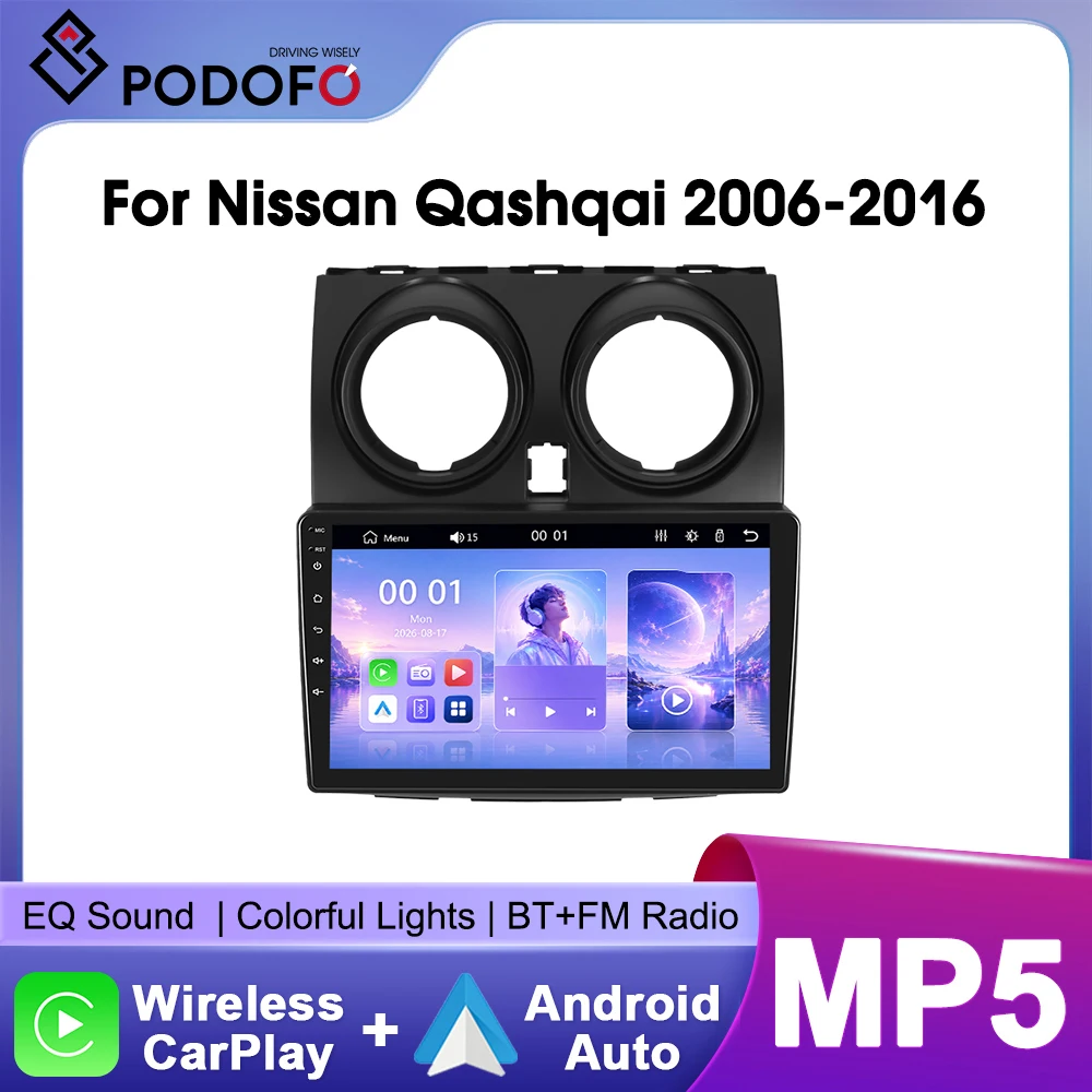 Autoradio stereo Podofo da 9 pollici per Nissan Qashqai 2006-2016 con CarPlay wireless, Android Auto, Bluetooth, Mirrorlink, lettore multimediale video